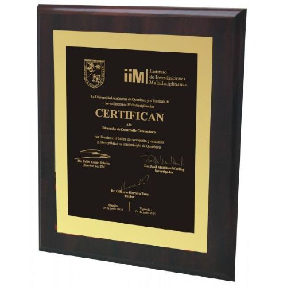 RECONOCIMIENTO JUMBO  38 X 46 CM CON BASE EN MDF COLOR CHERRY Y NEFRA  CON PLACA  DE ALUMINIO IMPRESA  EN  SISTEMA SHINE COLOR imagen